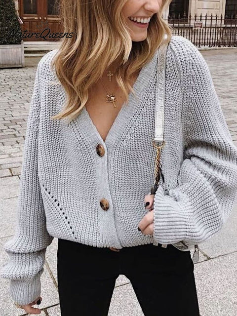Women's Stylish Casual Long Sleeve Solid Color V-neck Knitted Sweater