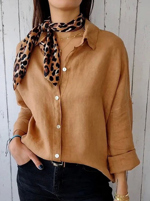 Women's Stylish Lapel Fashion Solid Color Button Long Sleeve Casual Shirt