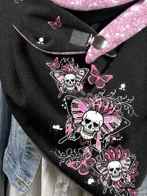 Shiny Butterflies Skull Printed Triangle Scarf