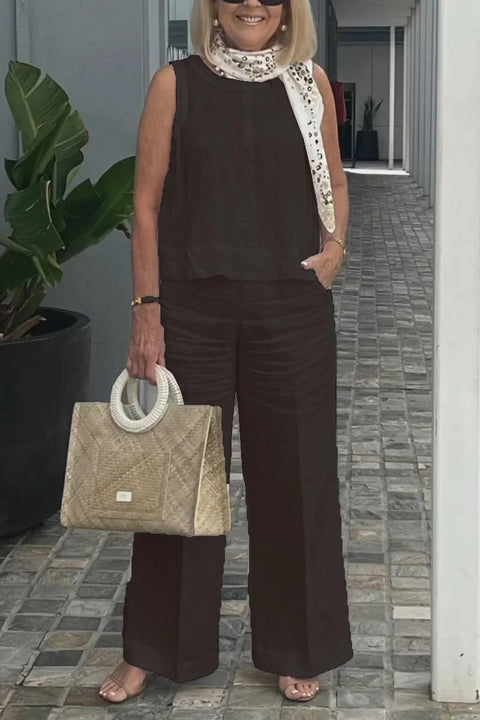 Women's Stylish Casual Loose Sleeveless Solid Color Cotton And Linen Suit