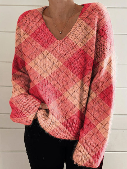 Double Pink Check Pattern Casual V-neck Pullover Knit