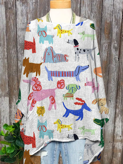 Cartoon Dog Repeat Pattern Printed Women's Pocket Cotton Top