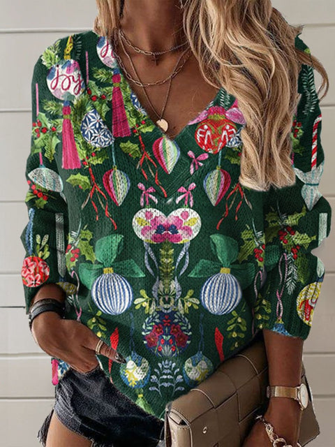 Christmas  Art Print Knit V-neck Pullover Sweater