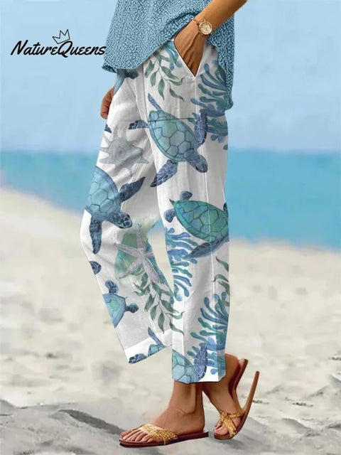 Women's Beach Vacation Turtle Art Printed 100%Cotton Casual Pants
