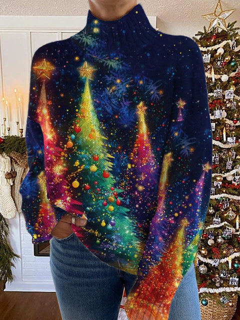 Glitter Christmas Print Knit Turtleneck Pullover Sweater
