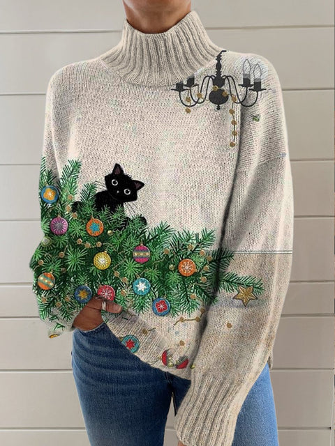 Christmas Cat Art Print Knit Turtleneck Pullover Sweater