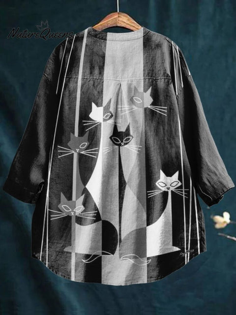 Retro Mime Style Cat Decorative Pattern Casual Cotton And Linen Shirt