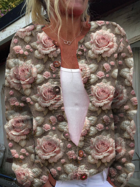 Beautiful Pink Roses Print Buttoned Cardigan Sweater