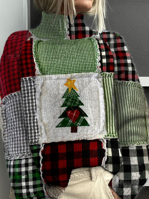 Retro Christmas Patchwork Print Knit Turtleneck Pullover Sweater