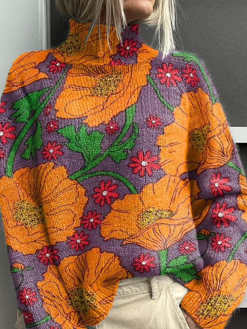 Contrast Orange Large Flower Decorative Pattern Knit Turtleneck Pullover Sweater