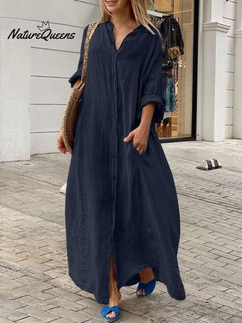 Casual Cotton And Linen Shirt Dress Blue / S