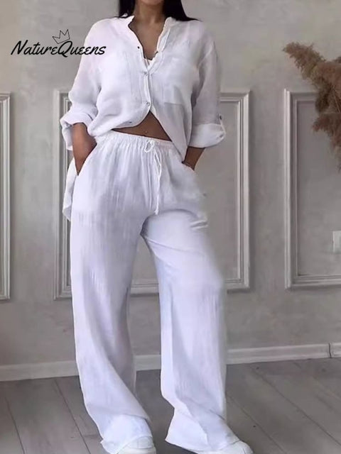 Women's Casual cotton and linen solid color shirt drawstring wide leg pants suit