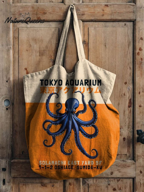 Tokyo Aquarium Octopus Art Printed Linen Tote Bag