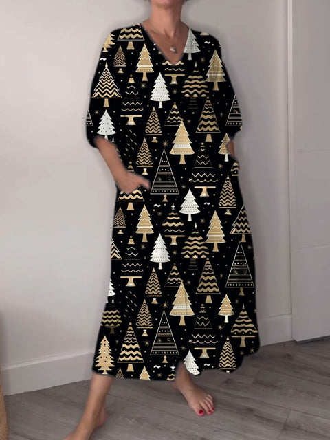 Women's Black and Gold Christmas Tree Print Pocket V-neck Cotton Dress
