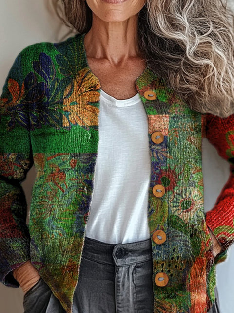 Abstract Floral Garden Art Printed Buttoned Cardigan Sweater