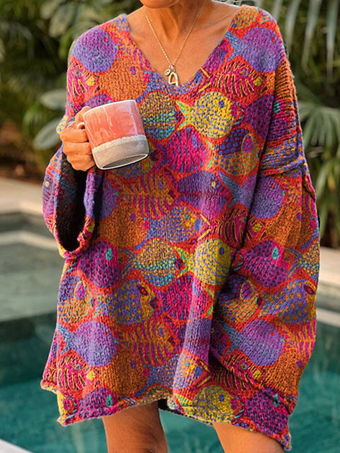 Lovely Tropical Fish Pattern Printed Women's Casual Pullover Sweater