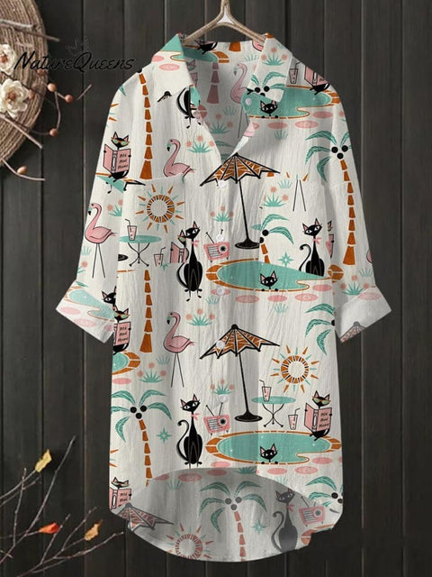 Women's Vacation Brown Tree Black Cat Print Casual Shirt