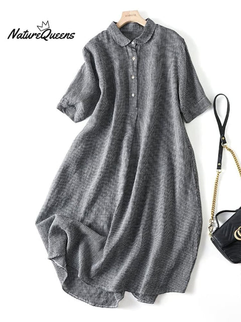 Artistic Retro Cotton Linen Check Dress