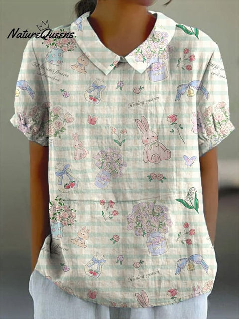 Women's Cute Bunny Floral Print Casual Cotton and Linen Shirt