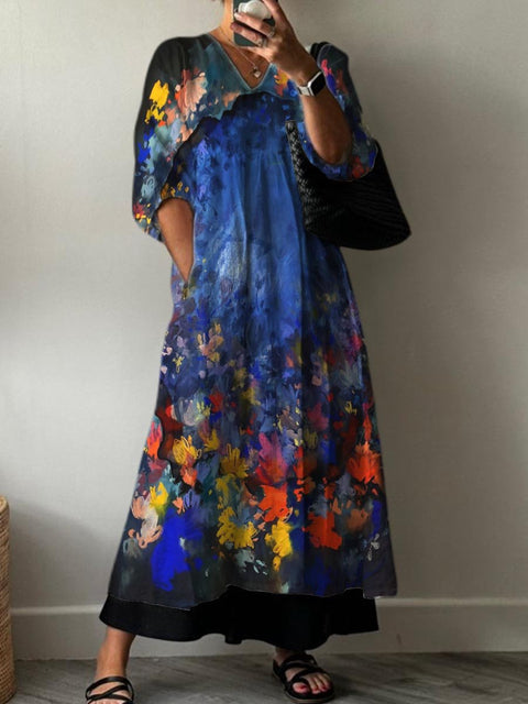 Garden Decoration Pattern At Night Pocket V-neck Cotton Dress