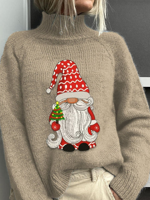 Embroidery  Gnome Santa Christmas Art Print Knit Turtleneck Pullover Sweater