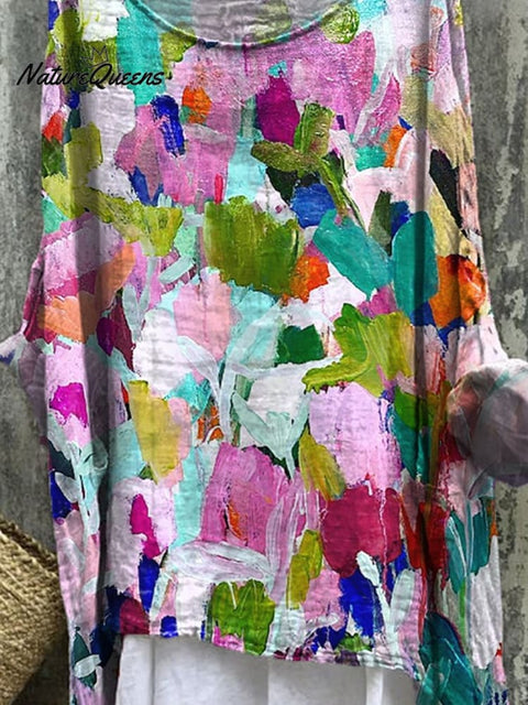Oil Painting Abstract Floral Garden Printed Women's Casual Linen Cotton Pullover Top