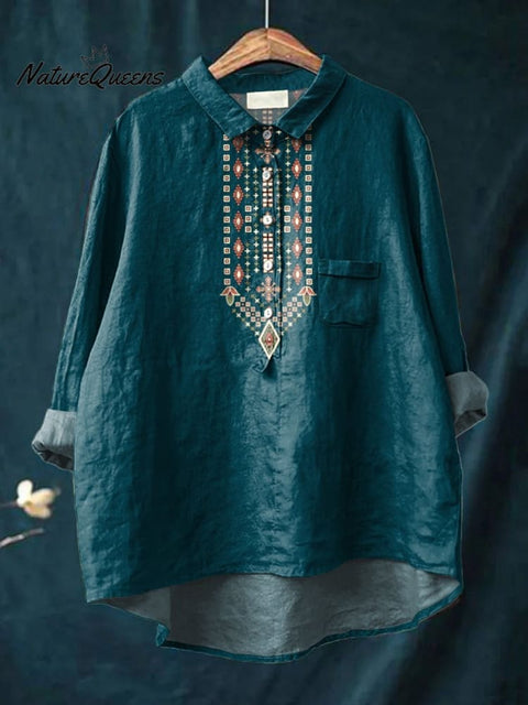 Ethnic Style Simple Geometric Pattern Printed Women's Casual Cotton And Linen Shirt