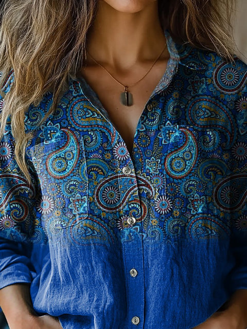 Elegant Paisley Pattern Printed Women's Casual Long Sleeve Comfortable Cotton Shirt