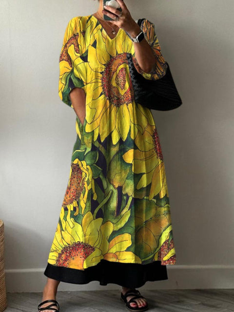 Painting Art Big Sunflower Decorative Pattern Pocket V-neck Cotton Dress