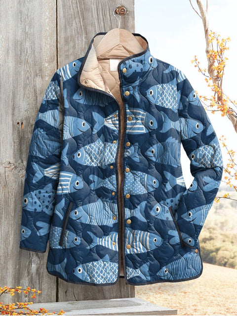 Blue Fish Decorative Pattern Casual Quilted Cardigan