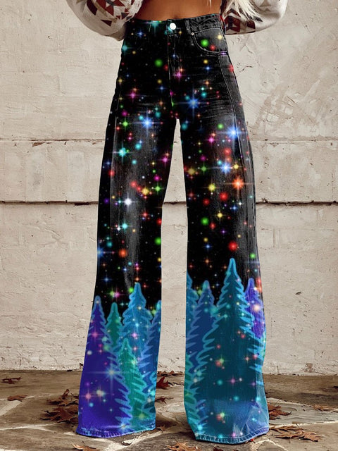 Women's Glitter Christmas Art Print Casual Wide Leg Pants