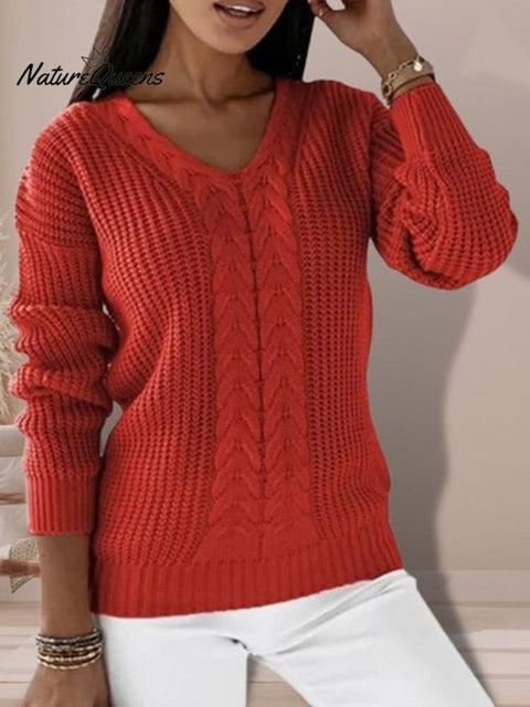 Women's Sweater Long Sleeve V Neck Solid Color Twist Casual Knitted Pullover Top