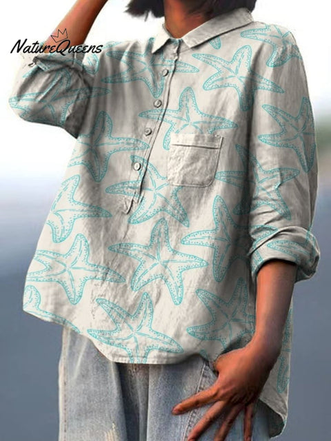 Mambo Green Starfish Pattern Casual Cotton And Linen Shirt