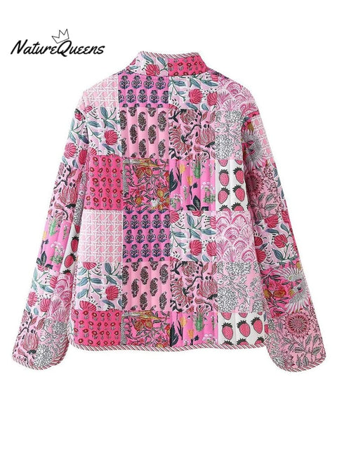 Women's Stand-up Collar Color-block Print Loose Temperament Cotton Jacket