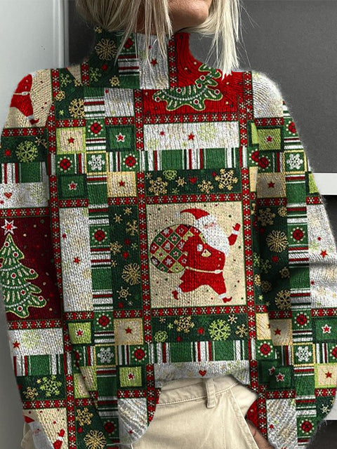 Retro Christmas Patchwork Print Knit Turtleneck Pullover Sweater