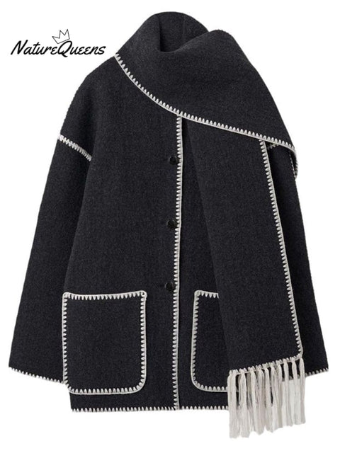 Women's Thickened Loose Woolen Coat with Scarf and Tassels
