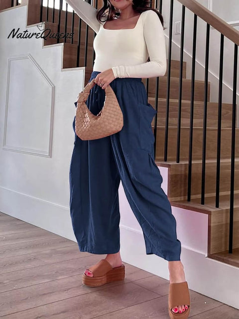 Women's Stylish Casual Fashionable Elastic Waist Loose Cotton Linen Pants