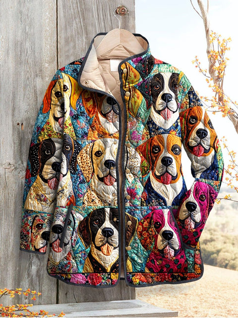Women's Retro Dogs Print Casual Quilted Jacket