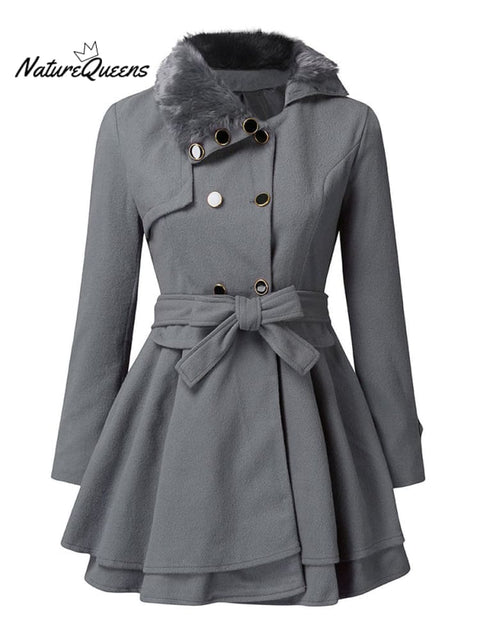 Women's Dress Jacket Trench Fur Collar Winter Long Peacoat Coat Outwear