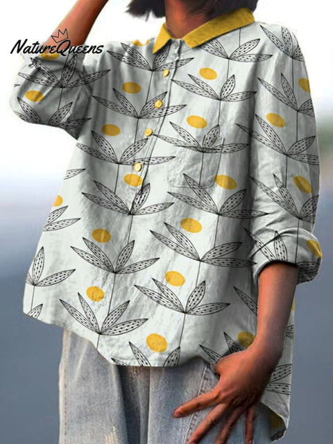 Small Leaves Decorative Pattern Casual Cotton And Linen Shirt
