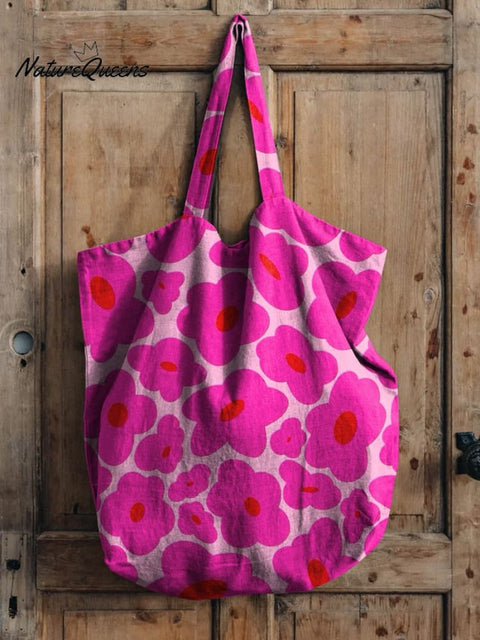 Vibrant Pink Floral Pattern Printed Linen Tote Bag