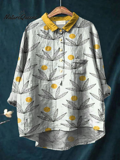 Small Leaves Decorative Pattern Casual Cotton And Linen Shirt