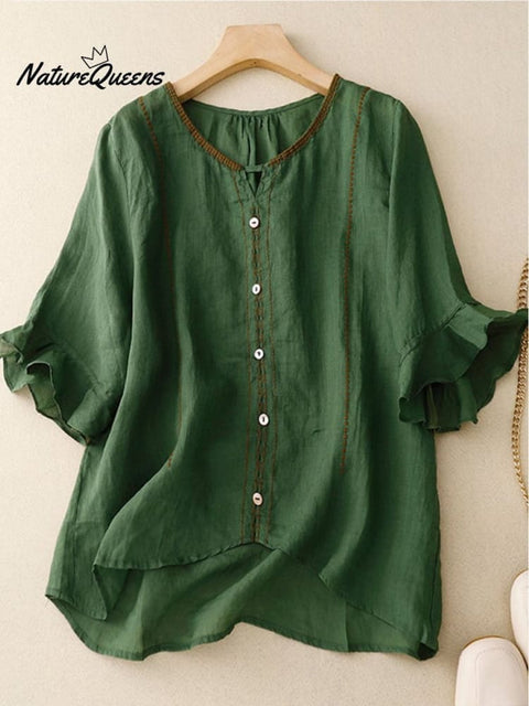 Loose Casual Embroidered Ruffle Sleeve Patchwork Shirt