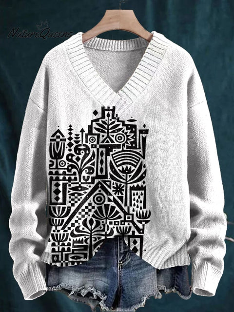 Black And White Abstract Geometric Pattern Print Knit V-neck Pullover Sweater