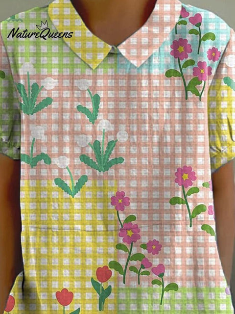 Lovely Floral And Tartan Pattern Printed Women's Casual Cotton And Linen Shirt
