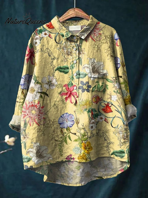 Women's Yellow Flower Print Print Casual Cotton And Linen Shirt