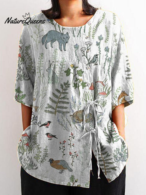 Woodland And Animals Repeat Pattern Printed Women's Casual Cotton And Linen Shirt