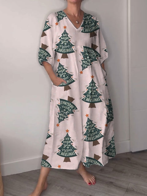 Women's Pink Christmas Tree Print Pocket V-neck Cotton Dress
