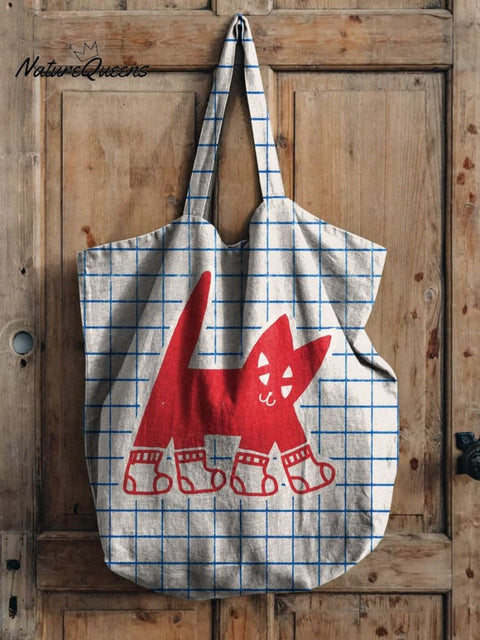 Cat And Check Pattern Printed Linen Tote Bag