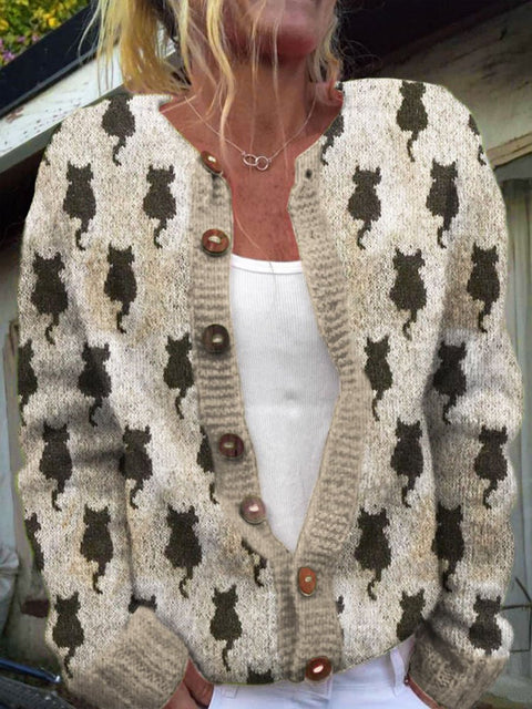 Retro Cat Art Print Buttoned Cardigan Sweater